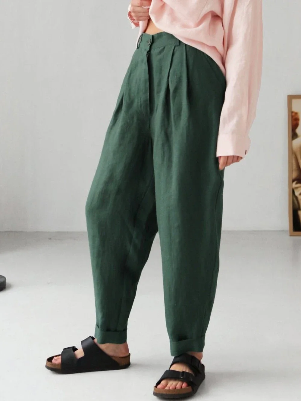 Zara Linen Blend Relaxed Fit Pleated High Waist Balloon Pants in Forest Green L